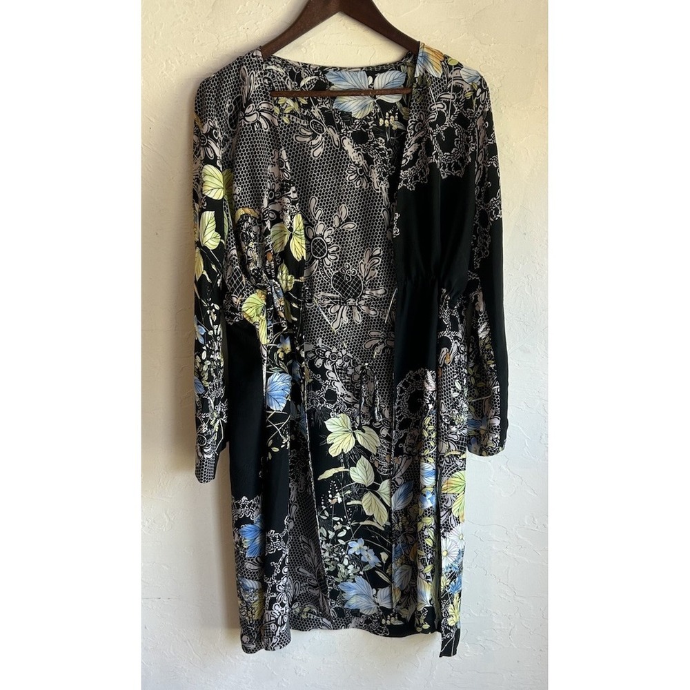 Citron Silk‎ Tie Front Long Kimono Duster Tunic Top XL Butterfly Floral Art Boho